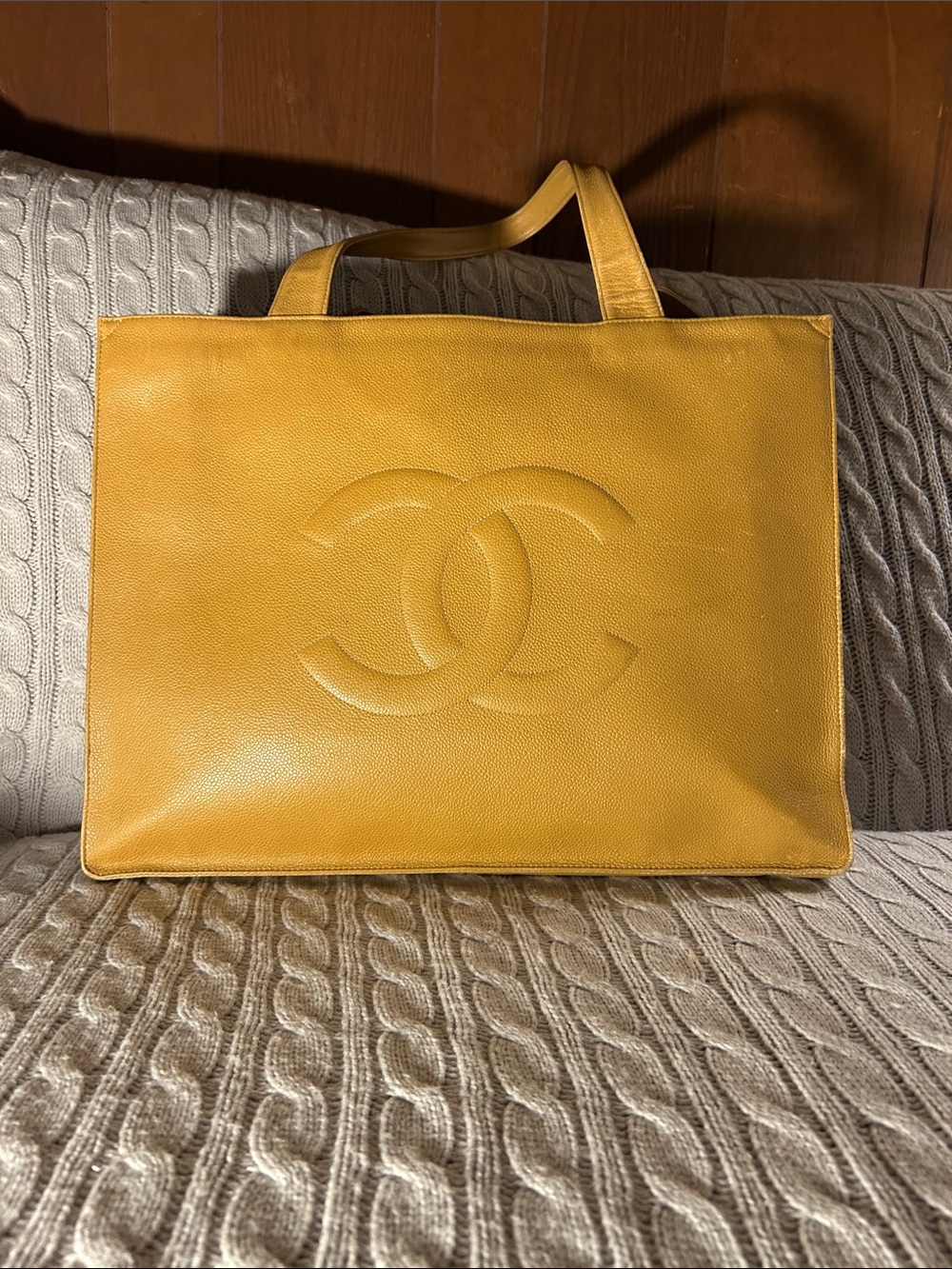 CHANEL Mustard Yellow/Beige Embossed CC Tote